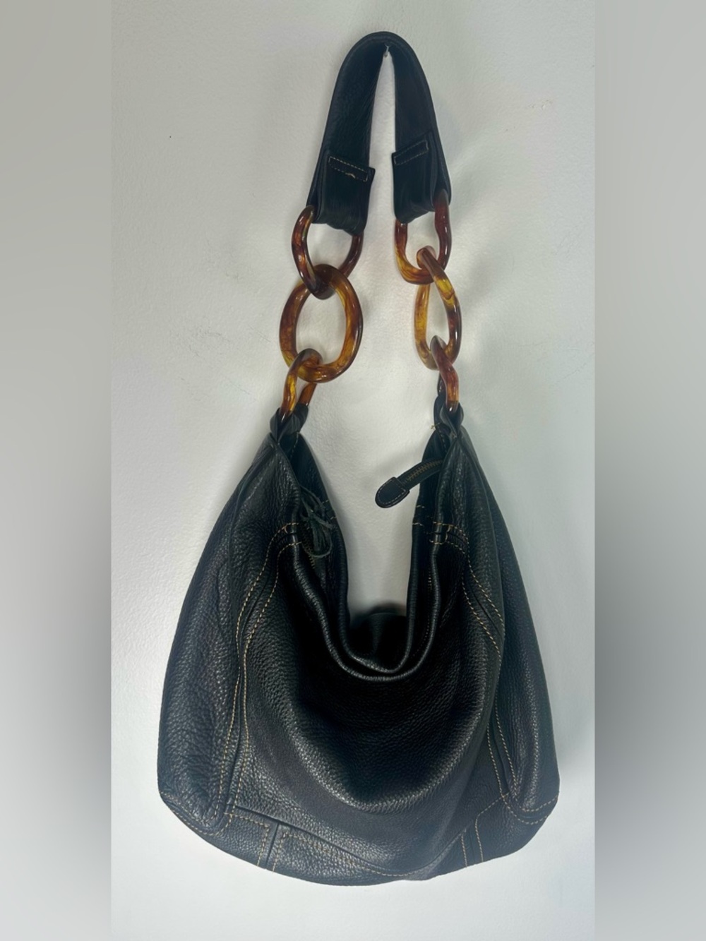 Kate Landry Black Leather Hobo Bag with Tortoiseshell Chain Strap zip top